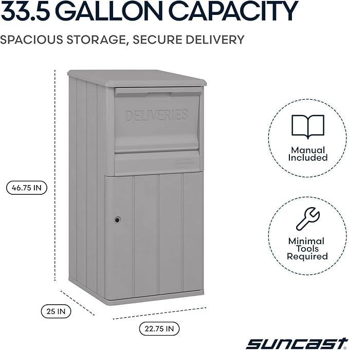 Suncast 33.5-Gallon Capacity Package Delivery Box, Parcel Drop Box with Lock, Weather Resistant Outdoor Storage Solution for Secure Package Deliveries, Made in USA