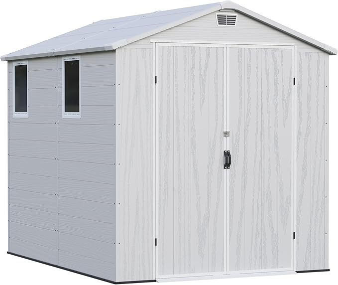 Greesum 6x8FT Plastic Outdoor Storage Shed with Floor, Resin Sheds with Lockable Double Door, Tool Sheds with Window and Vents, for Garden, Backyard, Patio, Light Gray