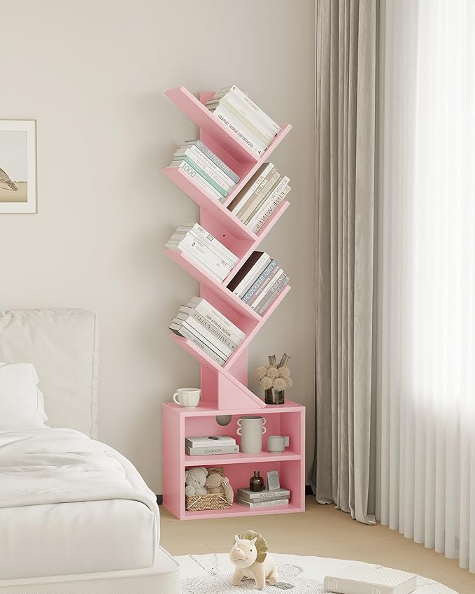 SUNMORY 6 Tier Tree Bookshelf, Small Bookcase with Storage Cabinet, Modern Tall Narrow Bookshelves Organizer, Floor Standing Book Shelf for Bedroom/Living Room/Home Office/Corner, Pink