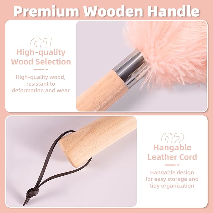 Pink Ostrich Feather Duster with Wooden Handle, 13.5 inch Natural Fluffy Cleaning Tool for Dusting Home, Car, Delicate Surfaces, Reusable Decorative Duster for Ledges, Blinds & Valentines Home Decor