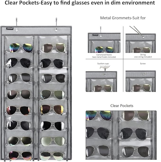 Over the Door Hanging Sunglasses Organizer Storage Sunglass Rack Holder Eyewear Display Case with 16 Clear Dust Proof Pockets (16 Pockets-Grey)