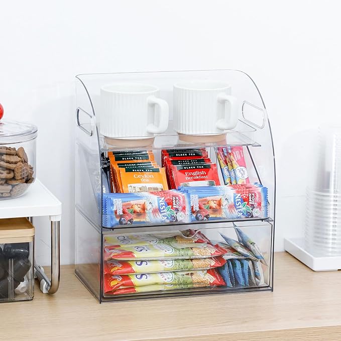 FABROK 3-Layer Desk Organizer with Drawer, Clear Office Supplies and Desk Accessories Organizer with Handle, Desktop Organizer and Storage for Stationery（Clear）