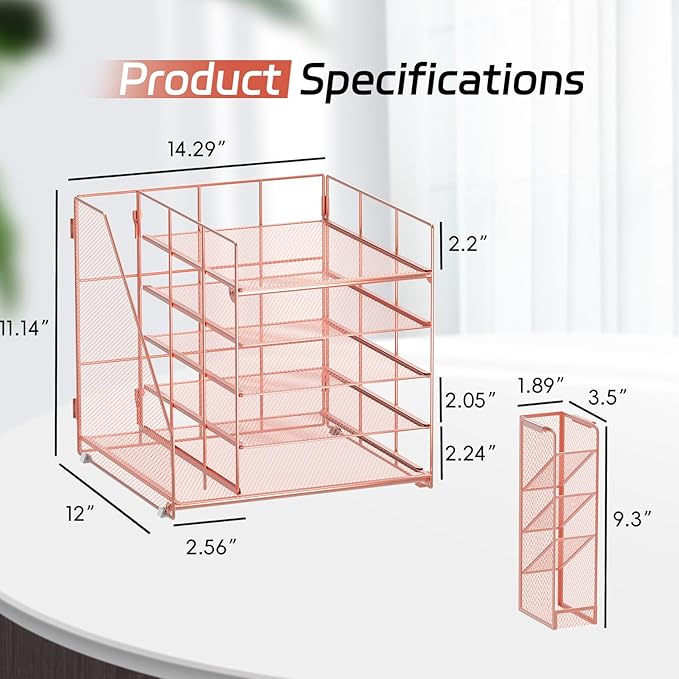 Rose Gold Desk Accessories, 5-Tier Desk Organizer with Magazine Holder, Paper Organizer with Pen Holder for Home, Office or School Supplies