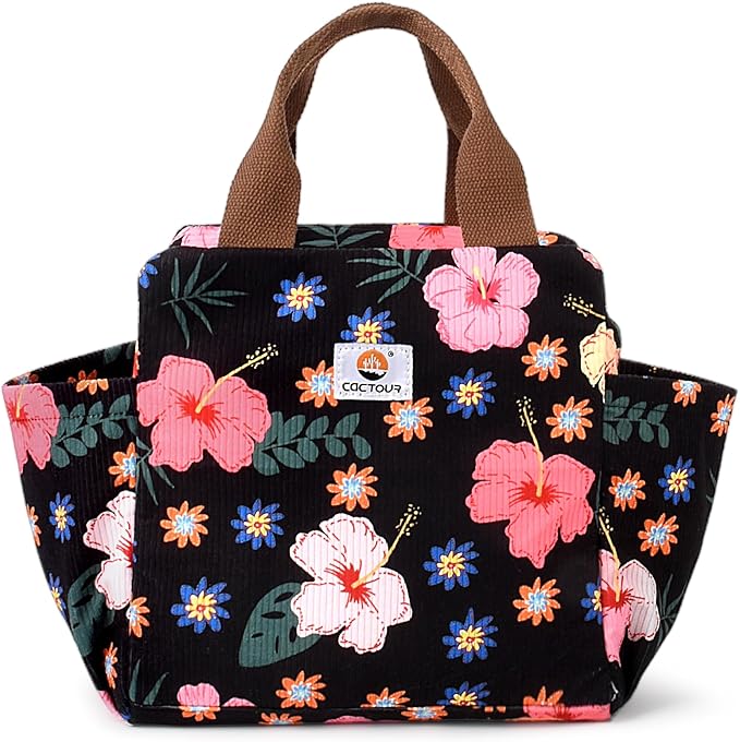 Lunch Box for Women, Large Capacity Lunch Bag Women with Bottle Holder & Side Pockets,Cute lunch box Insulated Lunch tote bag for Work Office Travel Picnic (Flower)