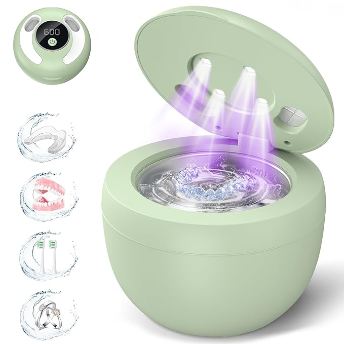 Dental Ultrasonic Retainer Cleaner Machine: 45kHz Dental Cleaning Pod for Denture, Mouth Guard, Night Guard, Aligner, Braces, Toothbrush Head & Jewelry, UV Cleaner with Digital Timer & 4 Modes, Green