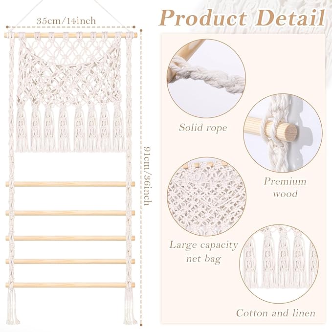 SNOWSTAR Macrame Hair Claw Clip Organizer,Large Capacity Mesh Bag Scrunchies Holder and Hair Ties Organizer for Women Girls,Hair Accessorie Hanging Storage Home Decor Wall,Door