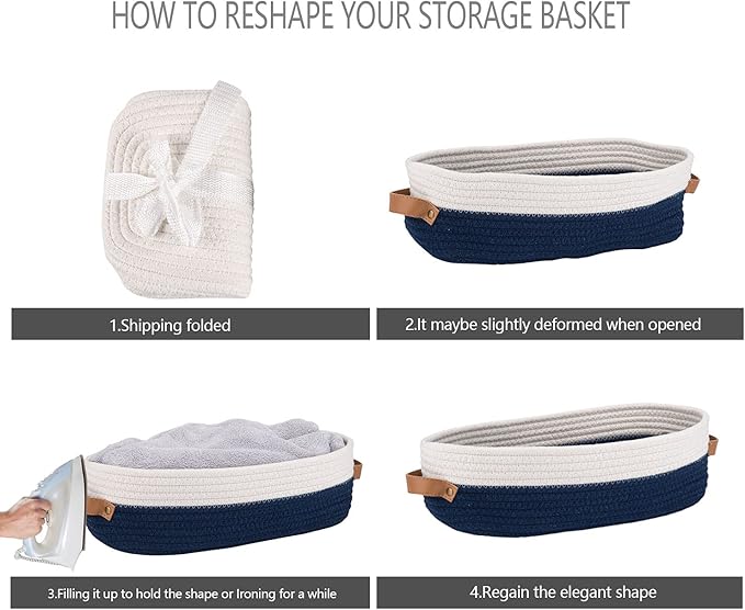 Set of 2 Toilet Basket,Woven Storage Basket for Toilet Tank Top Farmhouse Home Decor Organizing Baskets 13"x5.9"x4" Navy Stitching White