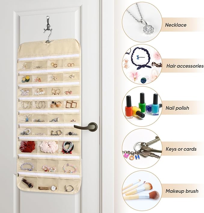 Hanging Jewelry Organizer Storage with Hanger, 66 Pockets Earring Holder Organizer Necklace Holder with Zippers for Woman Travel Storage Roll with Pockets Hang Closet Wall Door 1pcs