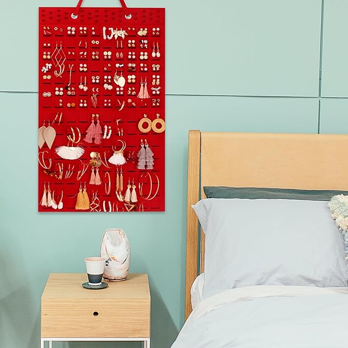 BESPORTBLE Hanging Earrings Organizer Jewelry Felt Storage Holder Thickened Red Wall-Mounted Jewelry Hanging Bag Accessory Organizer for Closet and Travel