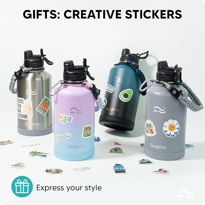 Insulated Water Bottle with Silicone Boot (36hrs Cold/18hrs Hot) - DIY Stickers, [2-in-1 Lid], BPA Free, 64 oz