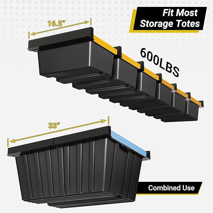 6-bin Overhead Garage Storage Rack, Ceiling Storage Racks Heavy Duty, Powder Coated Tote Storage Rack for Garages, Sheds, Storerooms (7 PCS, for 6 Bins)