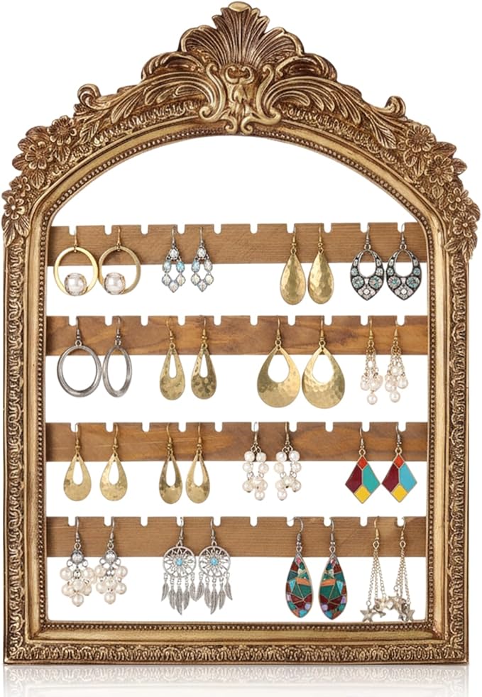 1 Pcs Wall Hanging Earring holder Organizers Vintage Arched Frame 4 Layer Wall Mounted Jewelry Holder Decorative Retro Baroque Stud Earring Display Gift (Gold,10 x 6.9'')
