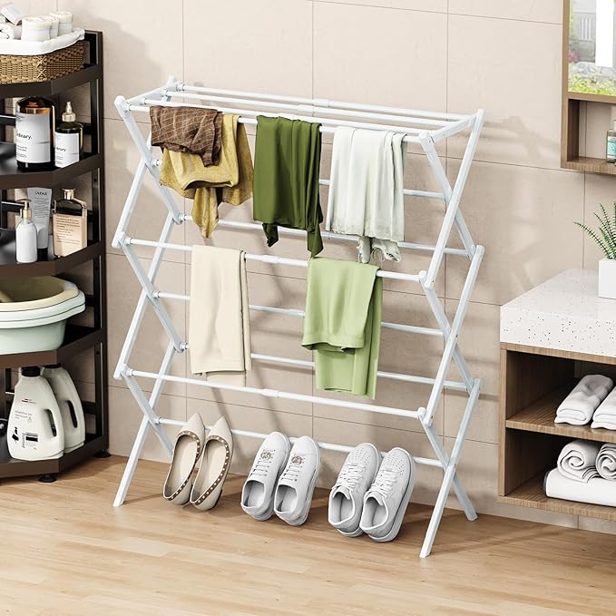 Foldable Drying Rack Clothing, 3-Tier Portable Clothes Drying Racks for Indoor & Outdoor, Anti-Rust Compact Laundry Rack Collapsible, White 28" D x 10" W x 35" H