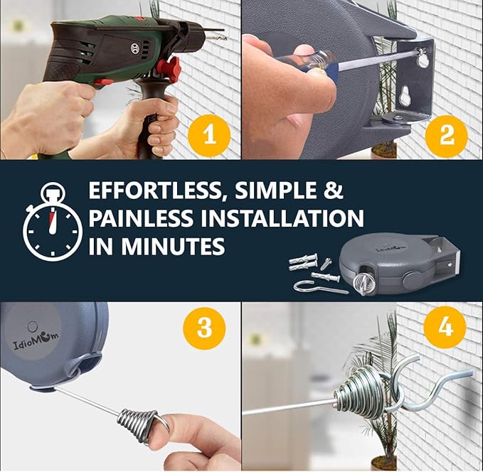 Retractable Clothesline Indoor Outdoor Heavy Duty 40 Feet - PVC Clothes Line Retracting - Clothesline with Wall Mount - Retractable Laundry Line for Drying Clothes with 12 ClothesPins