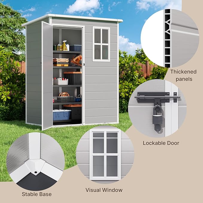Gizoon 5x3 FT Resin Outdoor Storage Shed, Weather-Resistant Plastic Garden Tool Shed with Floor and Lockable Door for Backyard, Patio, Lawn, Grey