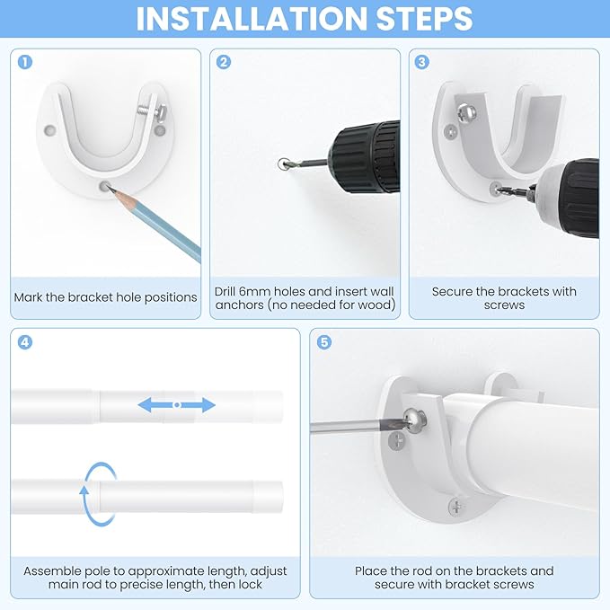 Closet Rods for Hanging Clothes, 17 to 39 Inch Heavy Duty Stepless Adjustable Closet Hanging Rod, 1.3 Inch Diameter Metal Closet Rod for Wardrobes Laundry Bedroom RV, White