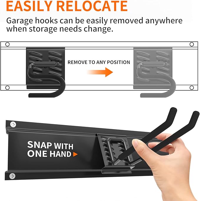 Garage Tool Organizer Wall Mount, Yard Garden Tool Organizer, Adjustable Tool Storage Rack with 4 Heavy Duty Steel Hooks, Max Load 200lbs Garage Organization, Black