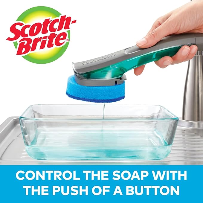 Scotch-Brite Advanced Soap Control Non-Scratch Dishwand Kit, 1 Dish Wand & 5 Sponge Refills, Prevents Leaking, Leak-Free Guarantee, Best for Nonstick Pots and Pans, Glass, Tubs, & Showers