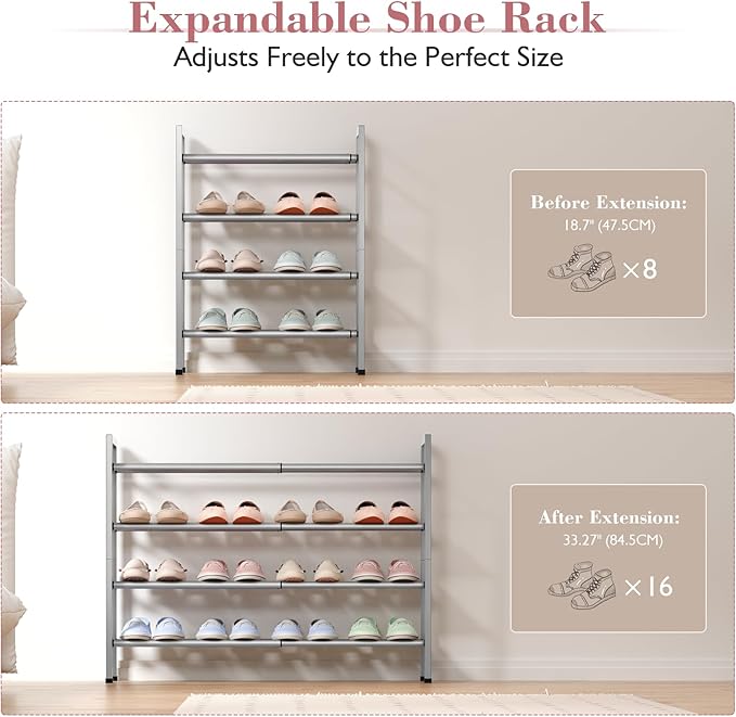 Bumusty 4-Tier Expandable Shoe Rack for Closet, 18“-33” Adjustable Shoe Rack for Small Space, Small Shoe Organizer for Front Door, Sturdy Metal, Light Grey