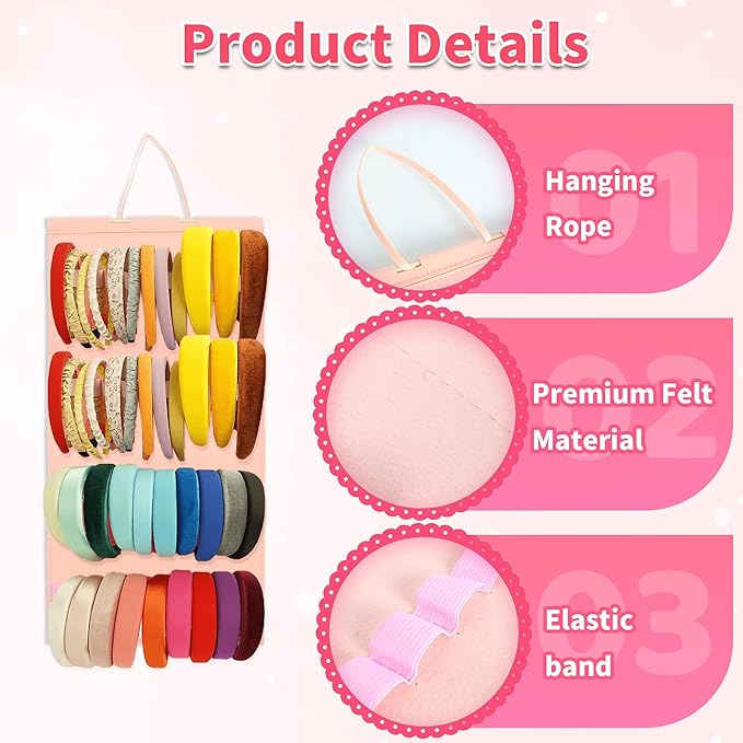 Hanging Headband Holder for Girls Women, Headband Organizer with 40 Elastic Slots, Felt Headband Storage Organizer, Head Band Hair Accessories Organizer (Pink, Without Headbands)