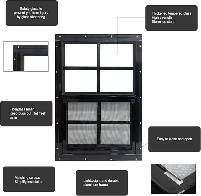 Yuzzy 24" x 36" Shed Windows with Tempered Glass and Fiberglass Screen, 2 Pack Small Sliding Windows for Shed, Chicken Coop, Playhouse, Household, Garage, Barns (Black)