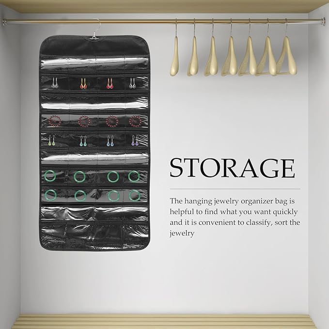 Hanging Jewelry Organizer Bag 80 Pockets Double-sided Jewelry Storage Holder for Necklaces Earrings Black Dustproof Wall and Door Accessory Organizer for Home Closet