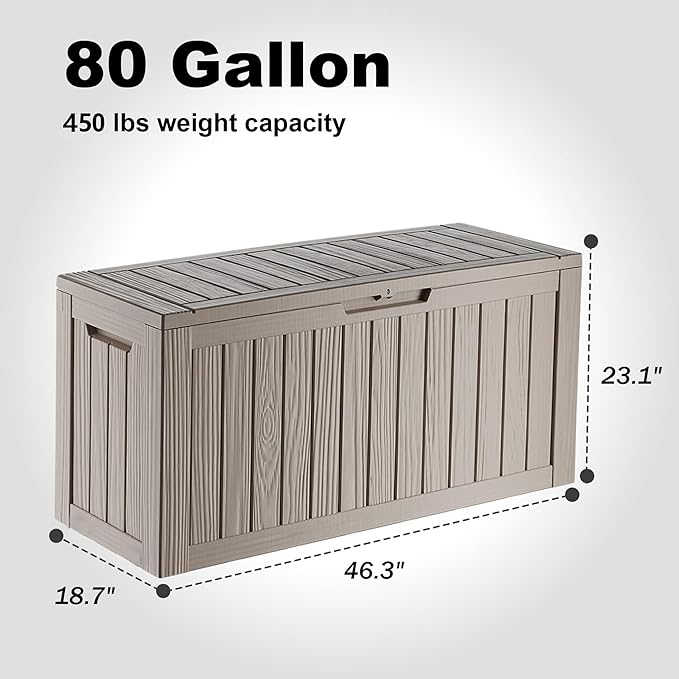 80 Gallon Outdoor Deck Box,Waterproof Resin Outdoor Storage Boxes, Outside Storage Lockable Container for Garden Tools,Indooor Cushions,Accessories (Grey)