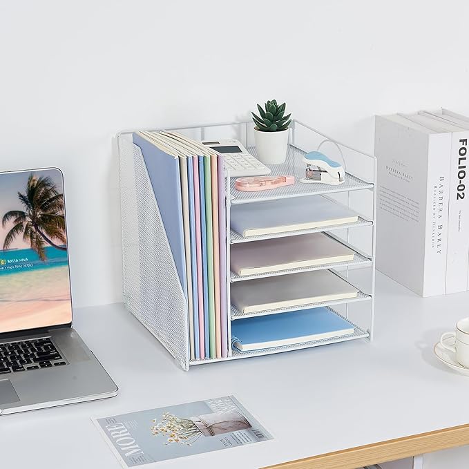 Desk Organizers and Accessories, 5-Tier Paper Letter Tray Organizer with File Holder, Desktop Organizer for Office Supplies (White)