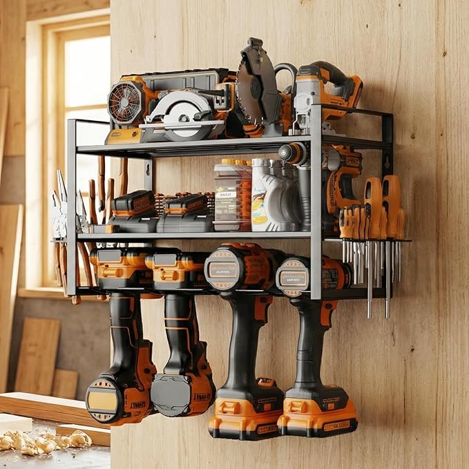Power Tool Organizer, Wall Mount for 4 Drills, 3 Layer Duty Metal Tool Rack with Screwdriver and Hammer Holder, Work Shop,Garage Storage,150Lbs Load Capacity