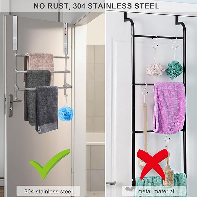 Over The Door Towel Rack, 304 Stainless Steel Towel Racks for Bathroom with 3-Tier Adjustable Pole, 2 Punch-Free Screw Stickers, 22.83 * 17.71-29.52 * 6.14 Inch, Red