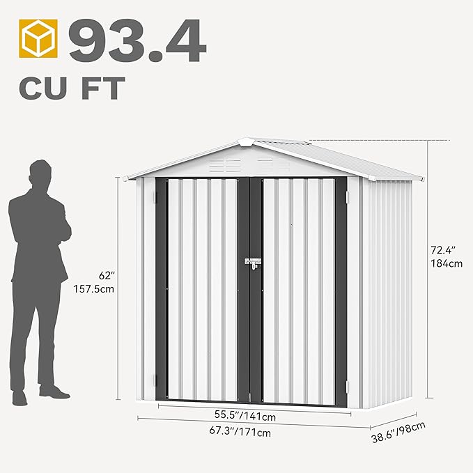 DWVO 6x4ft Tool Storage Shed, Lockable Doors, and Sloped Roof, Steel Outdoor Storage Shed for Garden, Patio, Garage, Backyard, Lawn - White