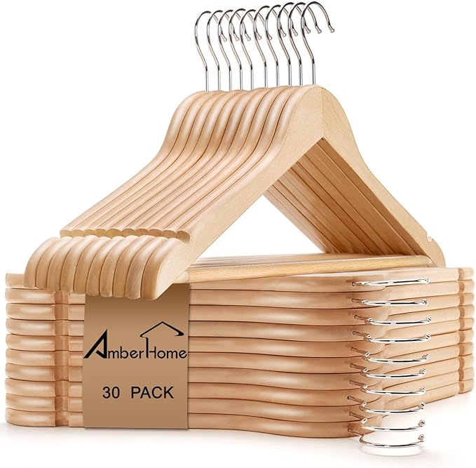 Amber Home 30 Pack Wooden Coat Hangers, Natural Wood Suit Hangers with Non Slip Pant Bar, Clothes Hangers for Shirts, Jackets, Dress, Pant (Natural, 30)