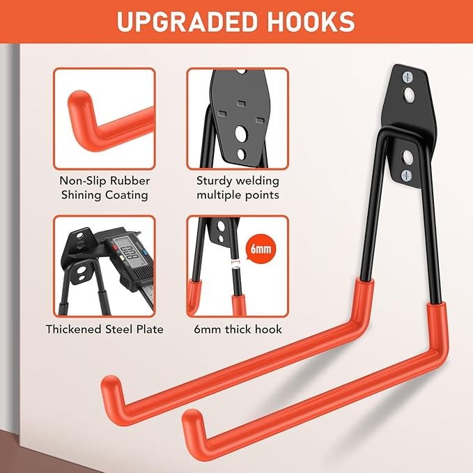 42 Pack Garage Hooks Heavy Duty, Rust-Resistant Solid Steel Wall Mount Hangers for Hanging Ladders & Bikes, Non-Slip PVC Coating Tool Organizer, 5 Sizes U & J Shapes + 6 Straps