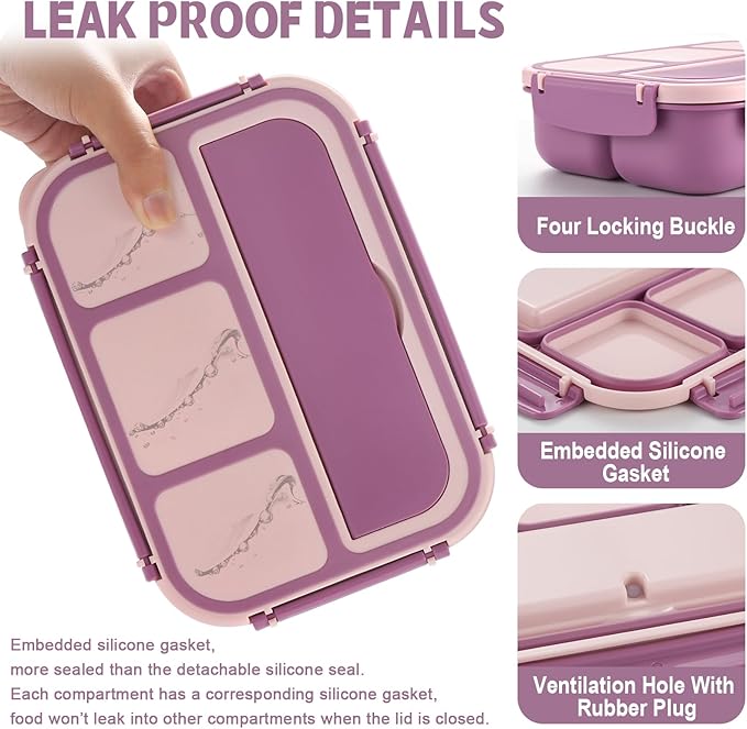 Bento Box Adult Lunch Box, Lunch Containers for Kids Girls Boys with 4 Compartments, Lunchable Food Container with Utensils, Sauce Jar, Muffin Liners, 40 Oz/5 Cup, Dark Purple