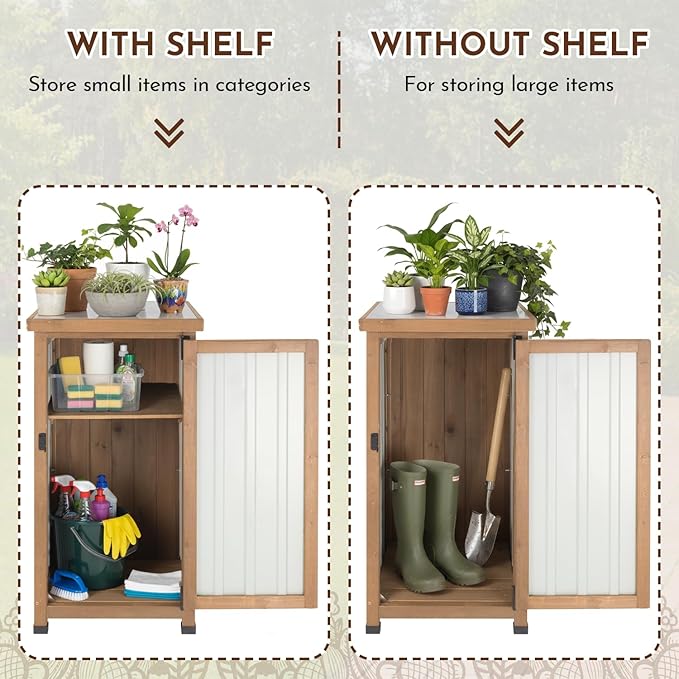 Outdoor Storage Cabinet with Metal Worktop, Fir Wood Frame & Adjustable Shelf, Weather-Resistant Garden Tool Organizer for Patio, Porch, Balcony, or Garage,18" L x 18" W x 33.5" H