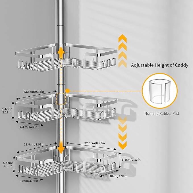 ZUNTO Shower Caddy Corner for Bathroom, Tension Pole, Adjustable 25in-114in Floor to Ceiling, Standing Shower Tension Rod Organizer, 4 Tier Bathroom Storage Shelves, Silver