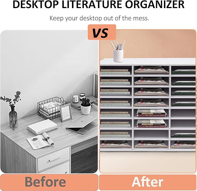 LOYALHEARTDY Literature Organizer, 24 Compartments Paper Storage Cabinet Mail Organizer, 29X 11.9 X 23.5 Inch Desktop File Sorter Mail Center Mailbox School Classroom Keepers for Home&Office, White