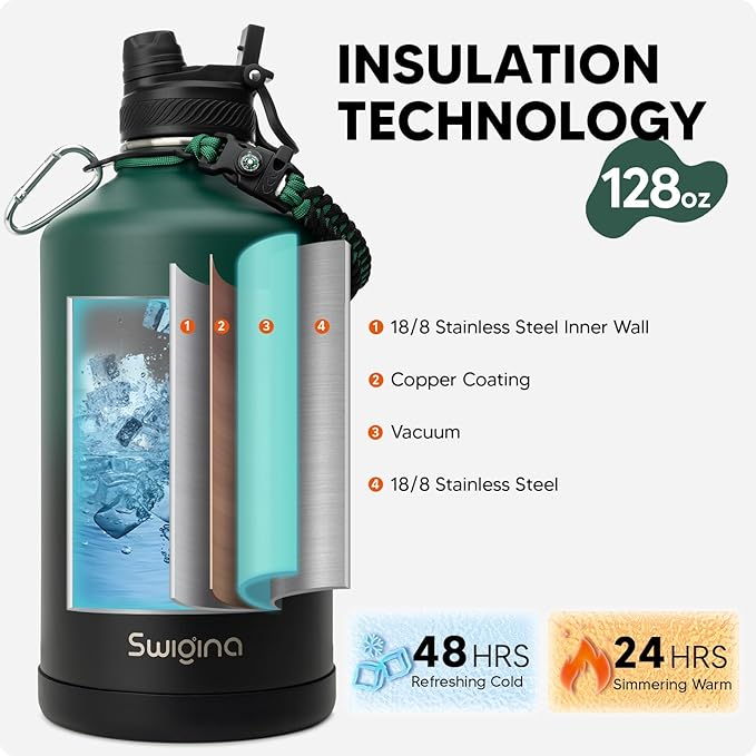 Insulated Water Bottle with Silicone Boot (36hrs Cold/18hrs Hot) - DIY Stickers, [2-in-1 Lid], BPA Free, 128 oz