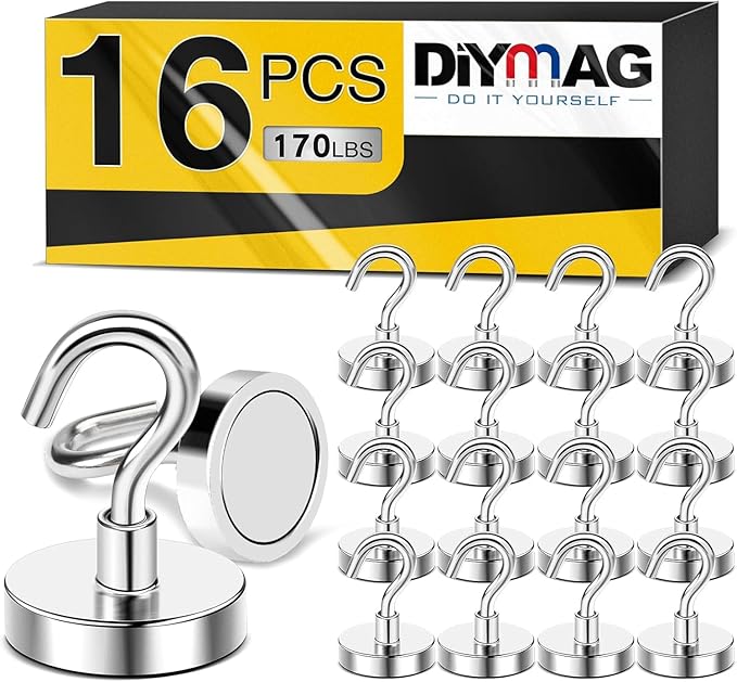 DIYMAG Magnetic Garage Hooks 16 Pack 170lbs 2026 Cruise Cabin Ship Essentials Hook Heavy Duty Strong Magnets Fridge for Classroom Wall Mount Kitchen Grills Silver