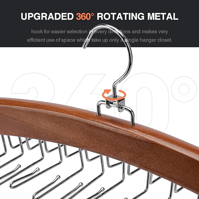 Tie Rack 2Pcs Tie Racks for Men Closet 24 Hooks, Wooden Tie Organizer with Upgraded 360°Rotating, Scarves Accessories Closet Organizer for Bras,Tank Tops,Camisoles etc.Walnut…