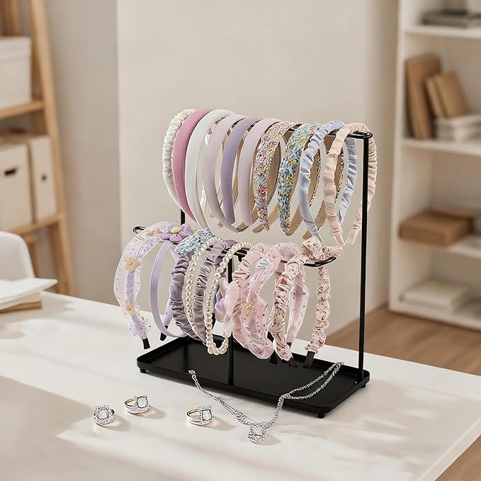 Headband Holder Organizer Metal 2-Tier with Tray, Necklace Storage Hairband Rack Hair Accessories Display Stand Stand Home Bedroom College Dorm Decor for Girls Women (Black)