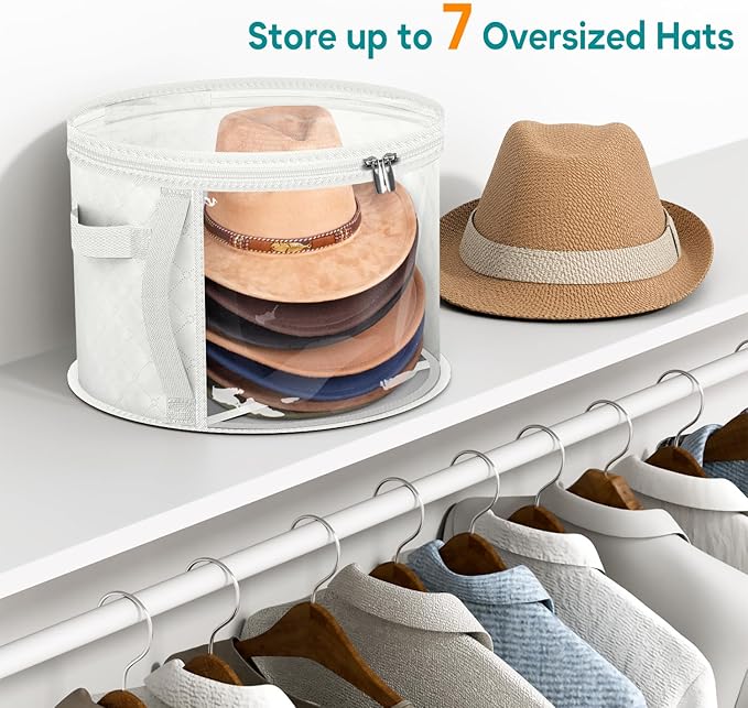 AOODA Oversized Clear Hat Storage Bag for Women, Holds up to 7 Caps Cowboy Hat Organizer for Closet, Wide Brims Hat Case with Carrying Handles (White)