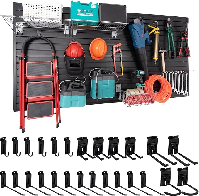 Slatwall Panel Garage Slat Wall Storage Systems with 26 Slatwall Accessories, 4'x8' PVC Black Slat Wall Paneling for Retail Display, Garage Storage, Guitar Shop, Home Storage