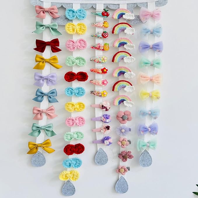 Hanging Hair Clip Organizer with Pockets for Hair Ties, Hair Bow Holder for Girls Barrettes, Scrunchies – Cute Hair Accessories Organizer for Kids & Toddlers（Gray