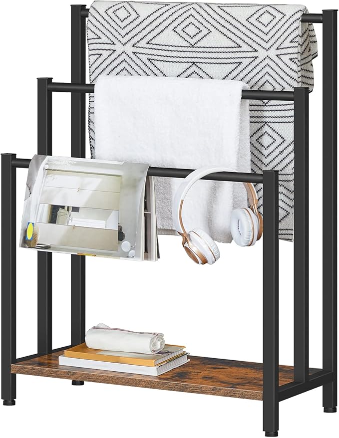 HOOBRO Free Standing Towel Rack, 3 Tier Blanket Rack, Blanket Holder for Bathroom, 23.6" L x 11" W x 31.9" H, Industrial Metal Drying and Display Rack with Shelf, Rustic Brown and Black BF06LB01