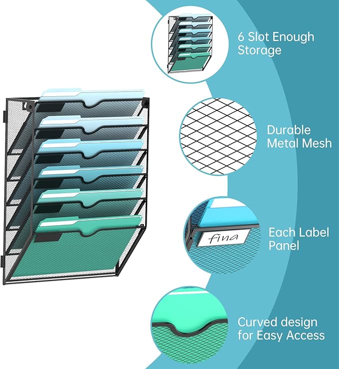 SUPEASY 6-Tier Wall File Organizer, Hanging Wall Files for Papers, Folders, Magazines, Wall Organizer for Clipboard, Assembly Needed, Black