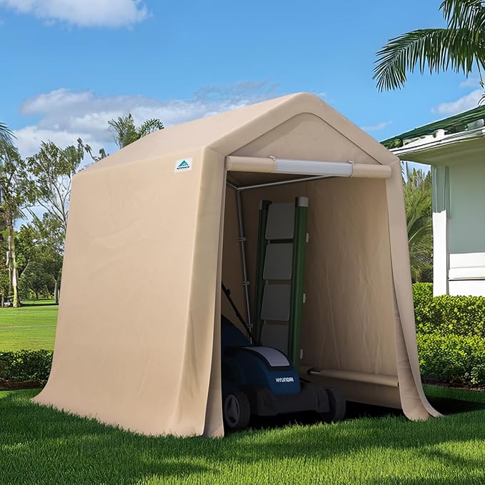 ADVANCE OUTDOOR 6x8 ft Outdoor Portable Storage Shelter Shed with 2 Roll up Zipper Doors & Vents Carport for Motorcycle Waterproof and UV Resistant Portable Garage Kit Tent, Beige