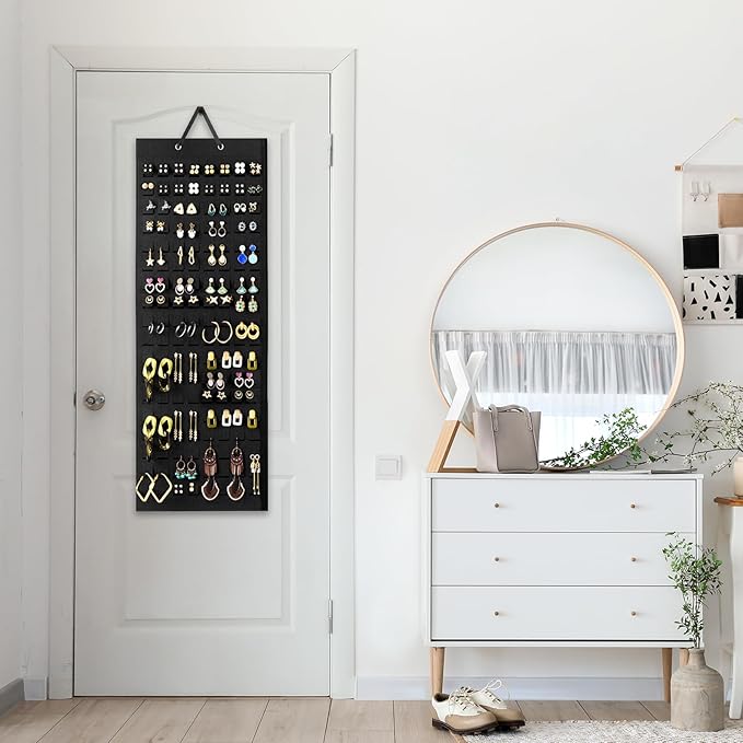 Lolalet Hanging Earring Holder Organizer with 20 Hooks for Women, Earring Organizer Wall Earrings Hanger Pierced Earring Storage, Felt Stud Earring Display, 608 Holes for Earrings - Black, 1 Pack