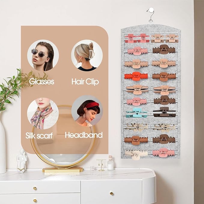 OAOLEER Double-Sided Hair Clip Organizer Storage for Girls Women, Hanging Claw Clip Holder Display for Closet, Wall, Door Room Jewelry Shop (Gray)