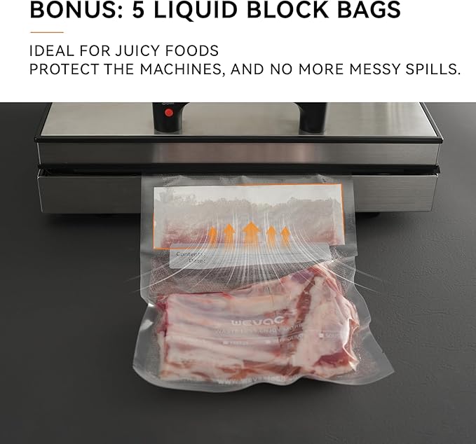 Wevac 8" x 12" Precut Vacuum Sealer Bags, 200 Count, Includes 5 Liquid Block Bags & 5 Bone Guard Pieces, Heavy Duty for Food Storage, Sous Vide & Meal Prep